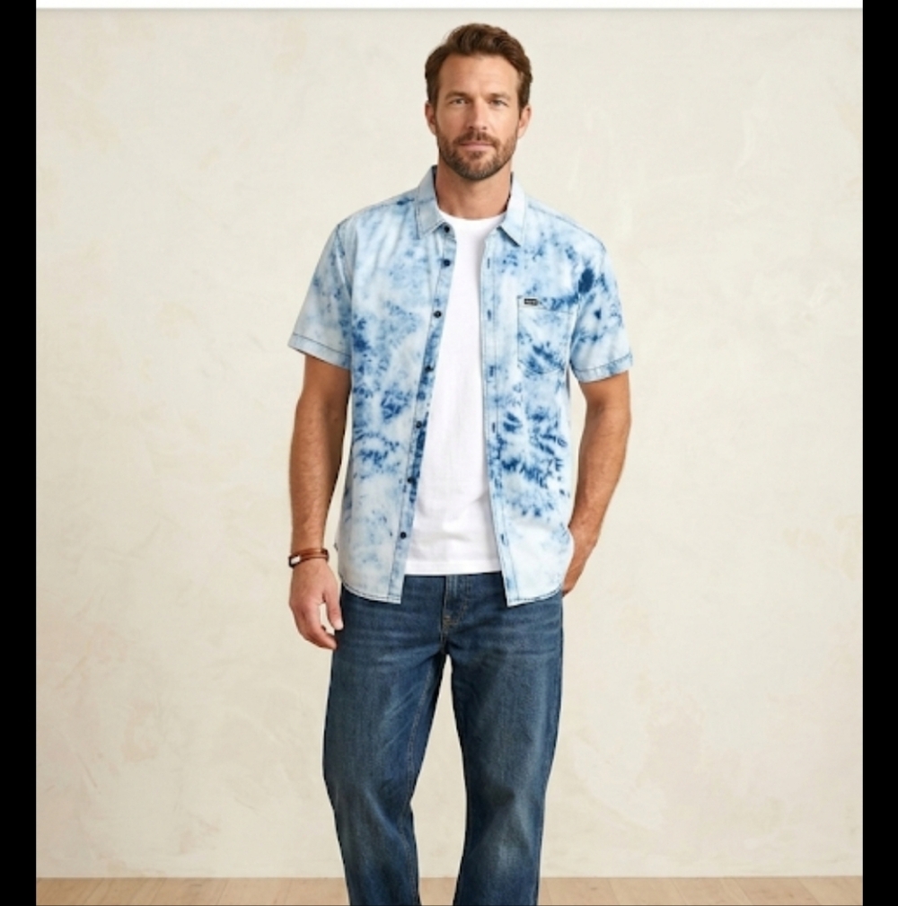 RVCA Men's That'll Do Casual Blue Tie-Dye Button Down Short Sleeve Shirt